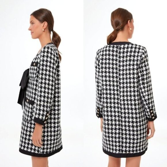 Pomander Place | NEW Coco Tweed Houndstooth Bow Mini Dress Black White Size XL - Picture 2 of 12